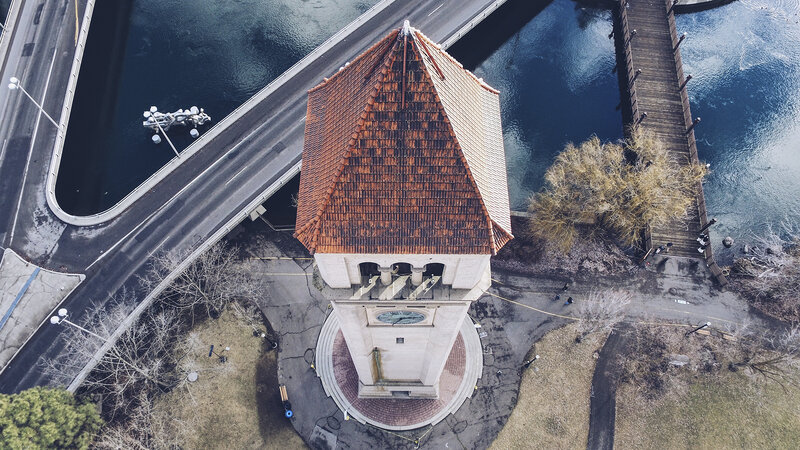 Clock Tower with Red Roof — Brown