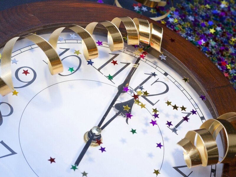 Clock with Confetti — White, Celebratory, Photograph