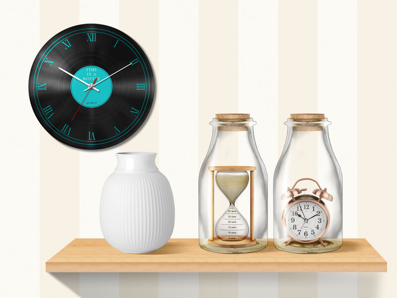 Clocks and Hourglass on Shelf