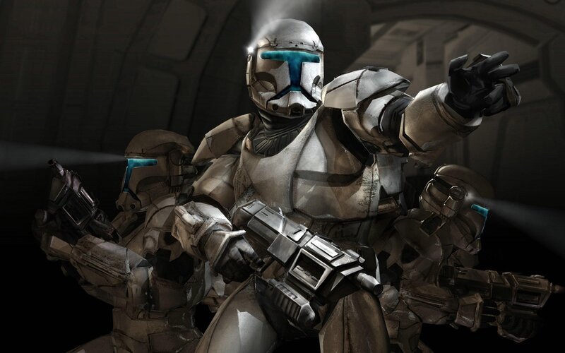 Clone Troopers in Armor — Gray, Dramatic, Digital Art, Weapons