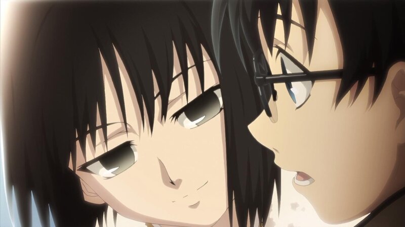 close-up anime character interaction