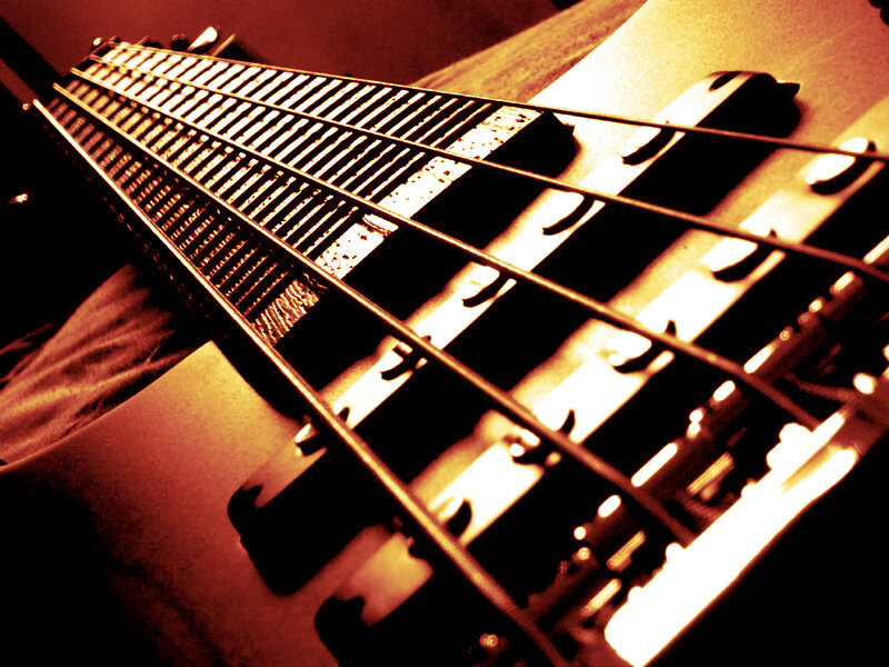 close-up of a bass guitar