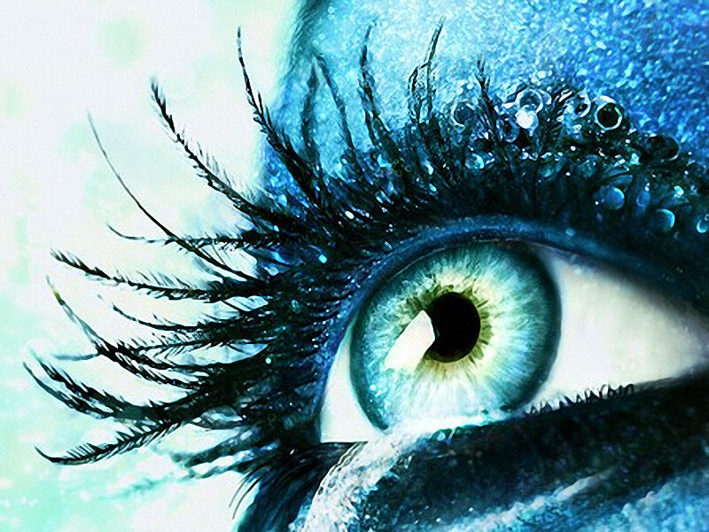 Close-up of a Blue Eye — Dramatic, Digital Art, Eyelashes, Water Droplets