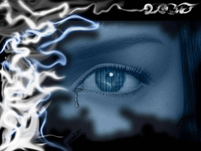 Close-up of a Blue Eye — Dramatic, Digital Art, Tear, Binary Code