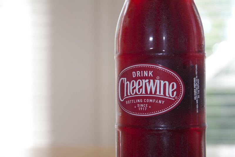 Close-up of a Cheerwine bottle