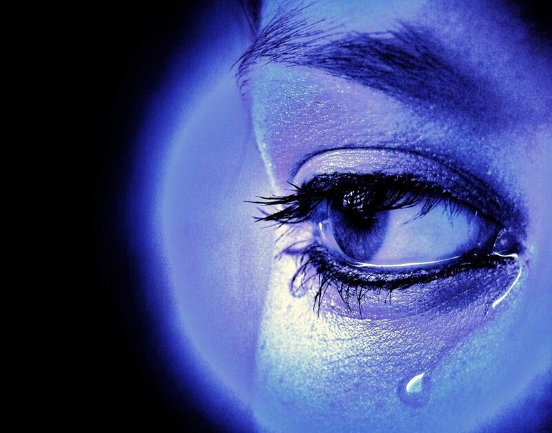 Close-up of a Crying Eye — Blue, Dramatic, Photograph, Tear, Eyelash, White