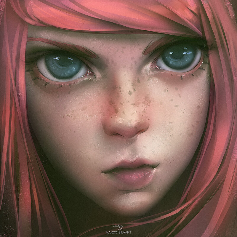 Close-up of a Girl's Face — Pink, Dramatic, Digital Art