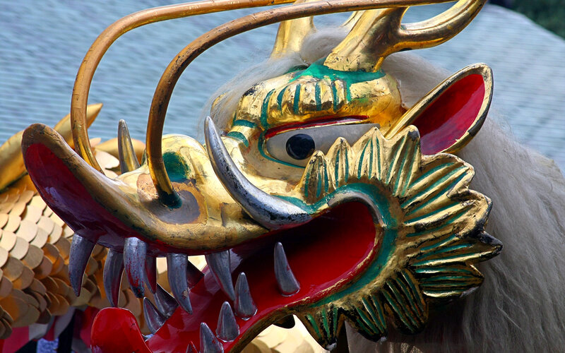 Close-up of a golden dragon head