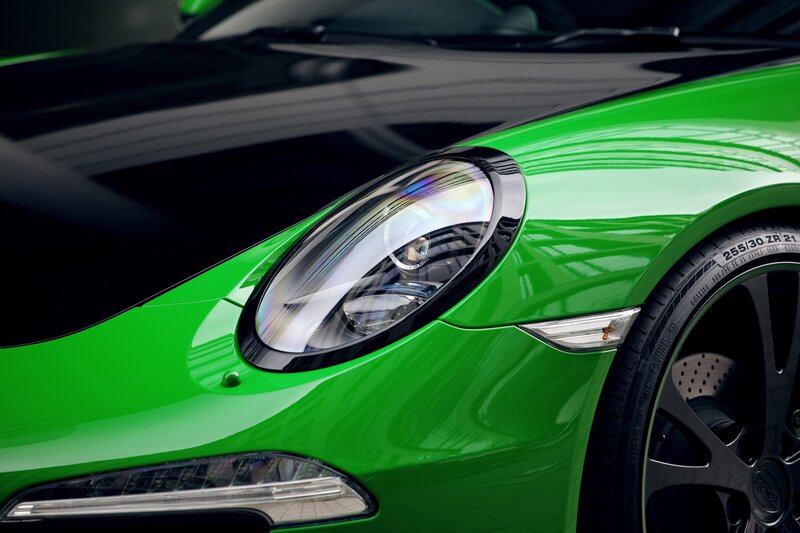 Close-up of a green sports car