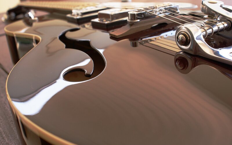 close-up of a guitar body