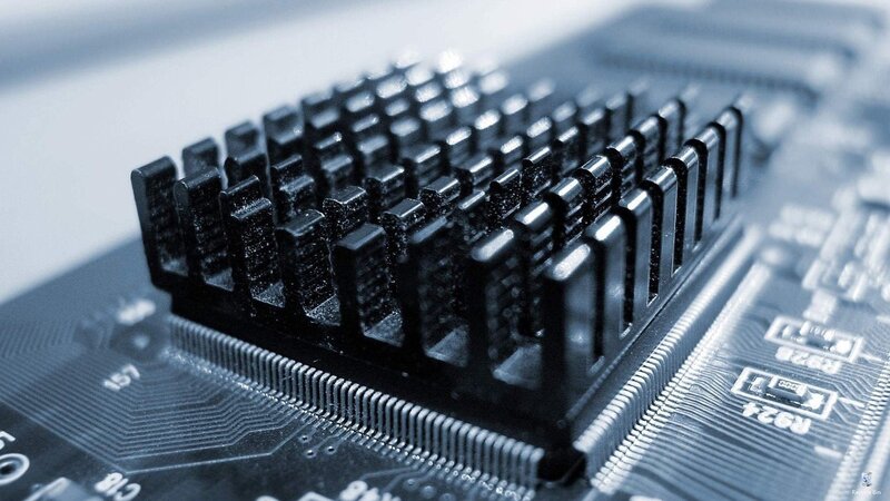 close-up of a heatsink on circuit board