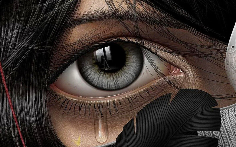 Close-up of a Human Eye — Black, Dramatic, Digital Art, Tear