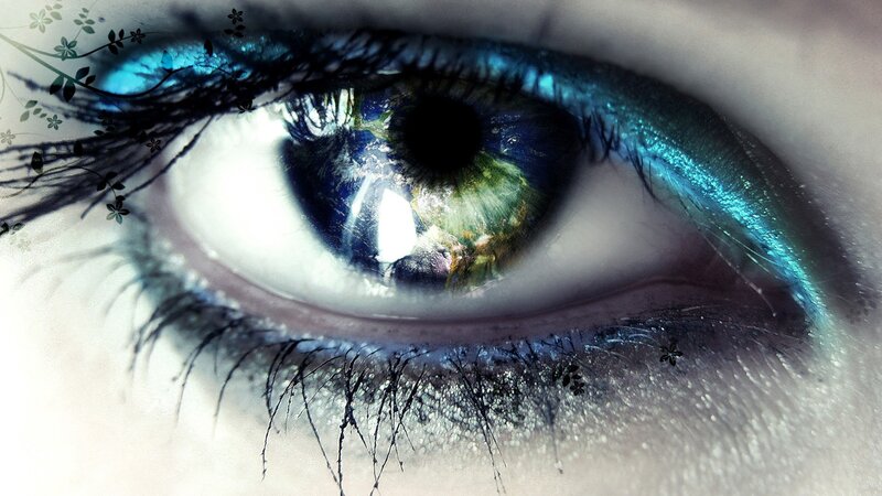 Close-up of a Human Eye — Blue, Dramatic, Digital Art, Flowers, Eyelashes