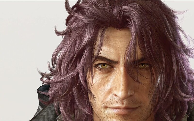 close-up of a man with purple hair