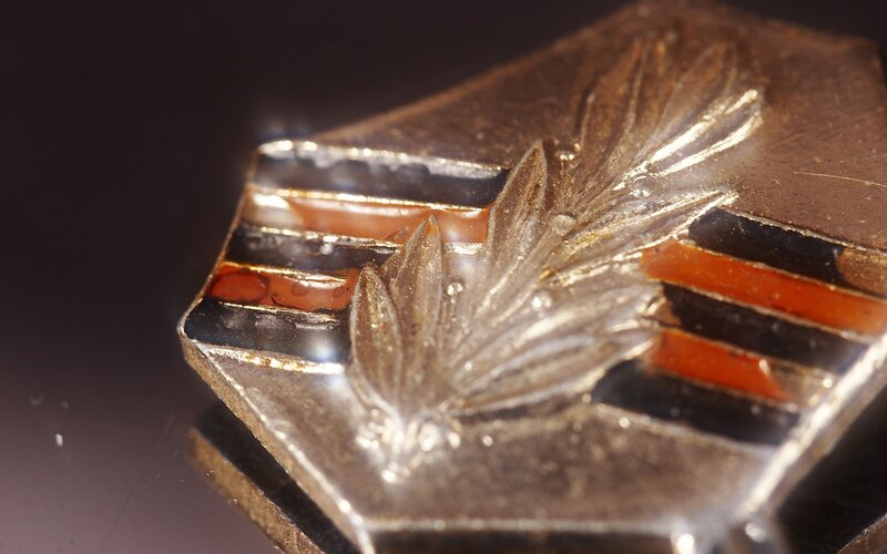close-up of a metal badge