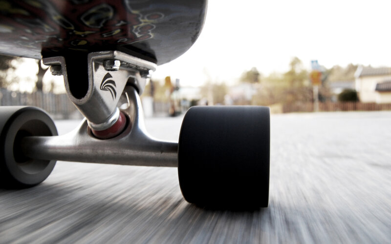 close-up of a moving skateboard