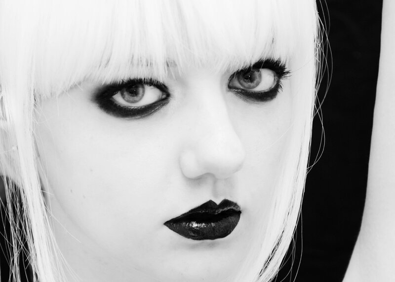 close-up of a person with white hair