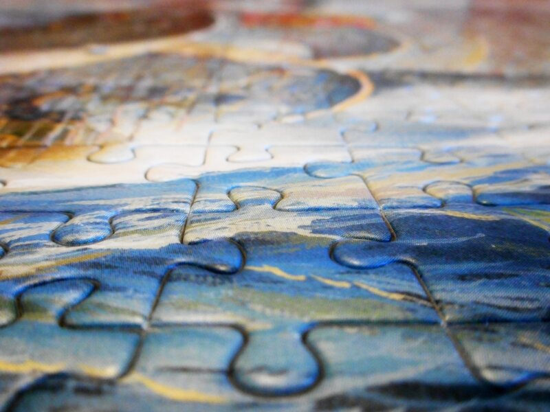 Close-up of a puzzle with blue and white design