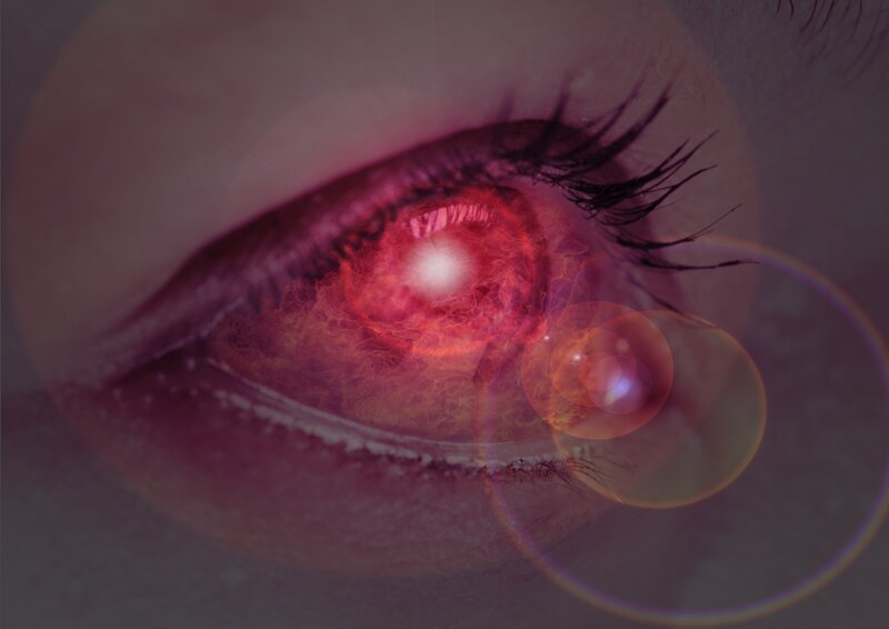 Close-up of a Red Eye — Dramatic, Digital Art, Eyelashes