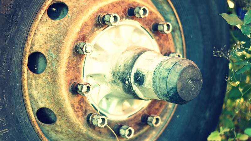 close-up of a rusty wheel hub