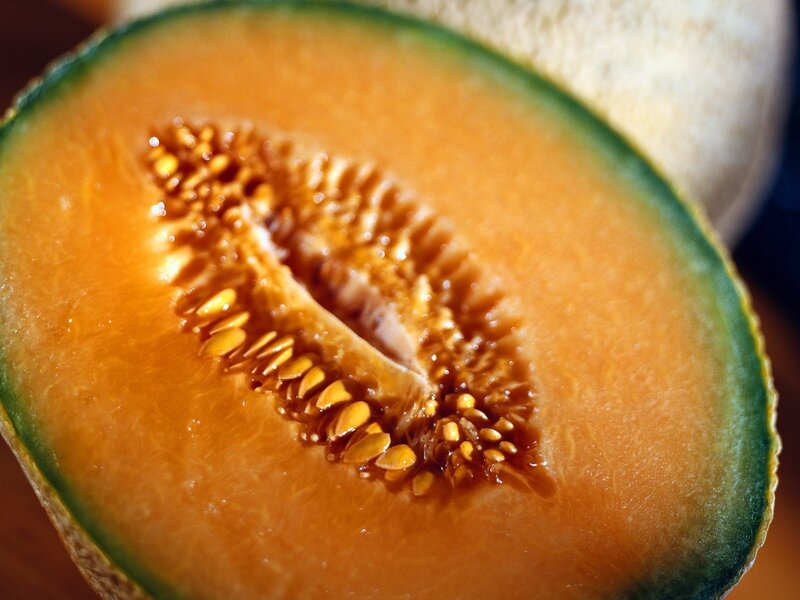 close-up of a sliced cantaloupe