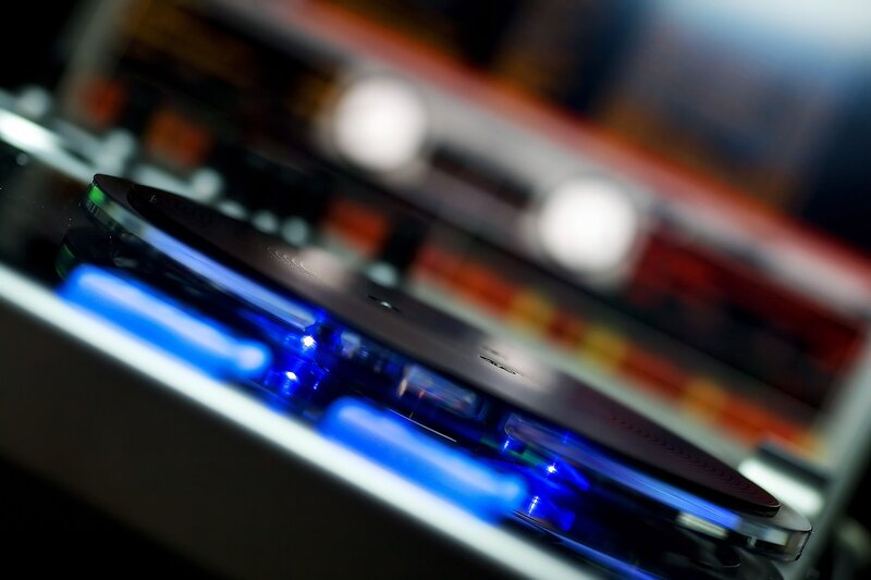 Close-up of a spinning turntable