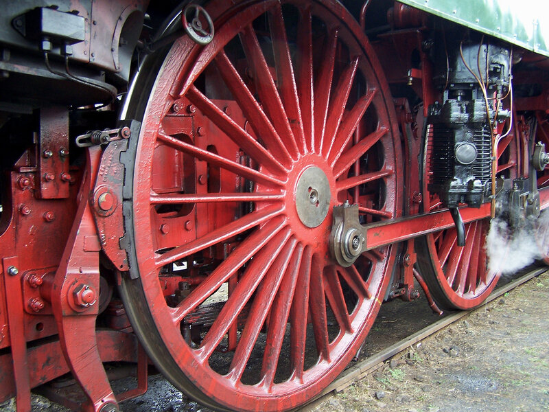 Close-up of a steam locomotive wheel