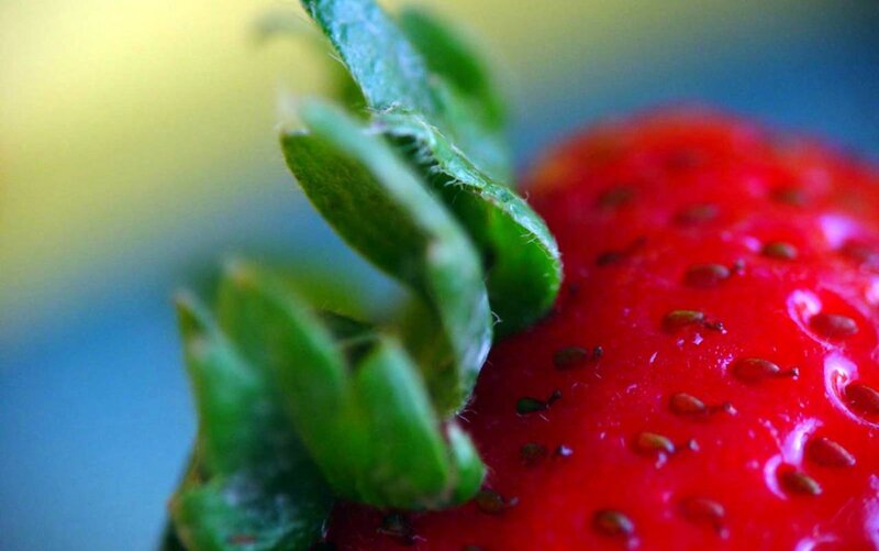 Close-up of a Strawberry — Red, Natural, Photograph, Green Leaves, Red Fruit, Seeds