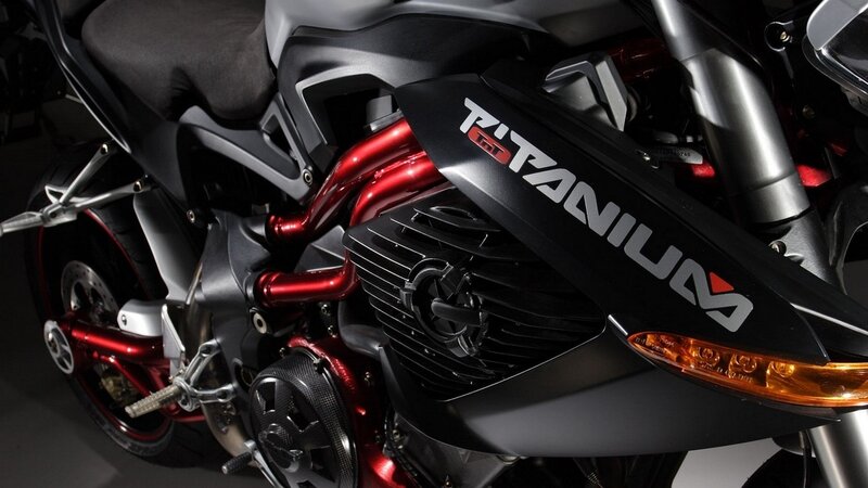 close-up of a titanium motorcycle