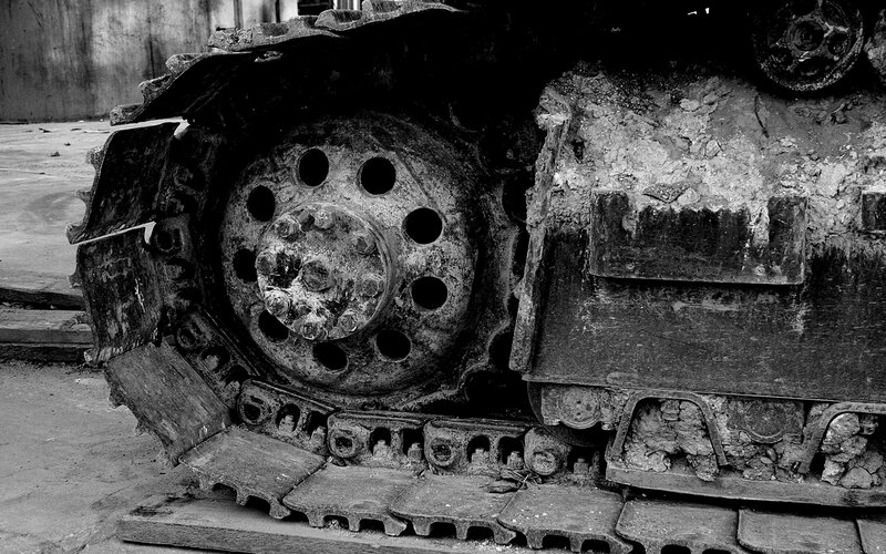 Close-up of a tracked vehicle wheel