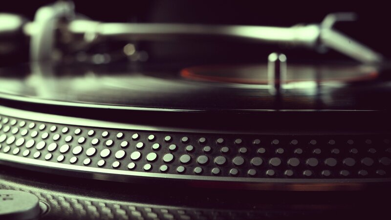 Close-up of a vinyl record player
