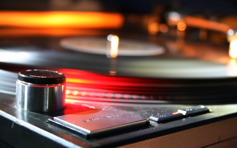 Close-up of a vinyl record player
