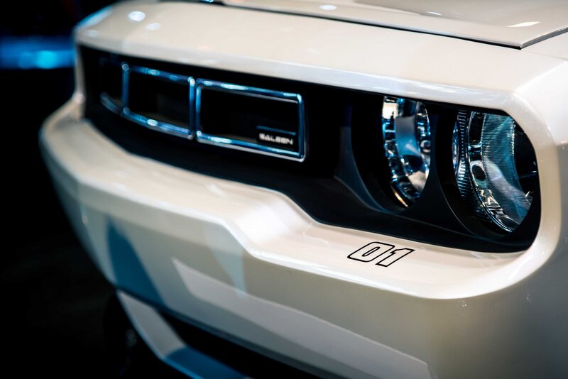 Close-up of a white Dodge Challenger