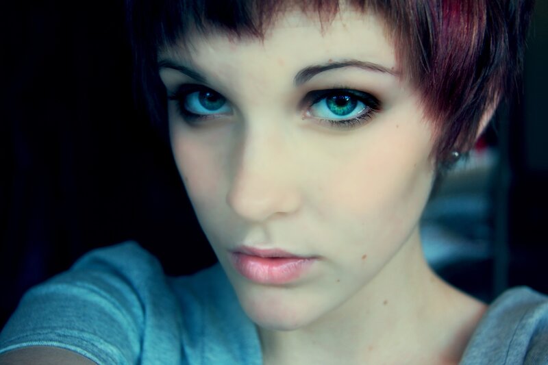 close-up of a woman with blue eyes