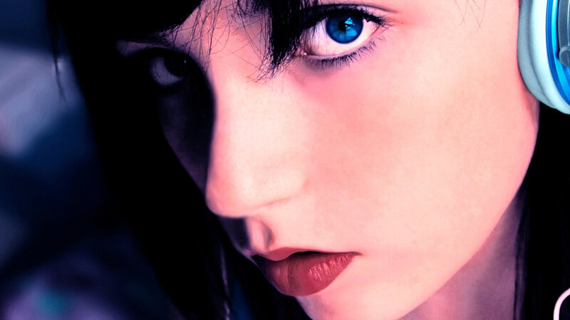 close-up of a woman with blue eyes