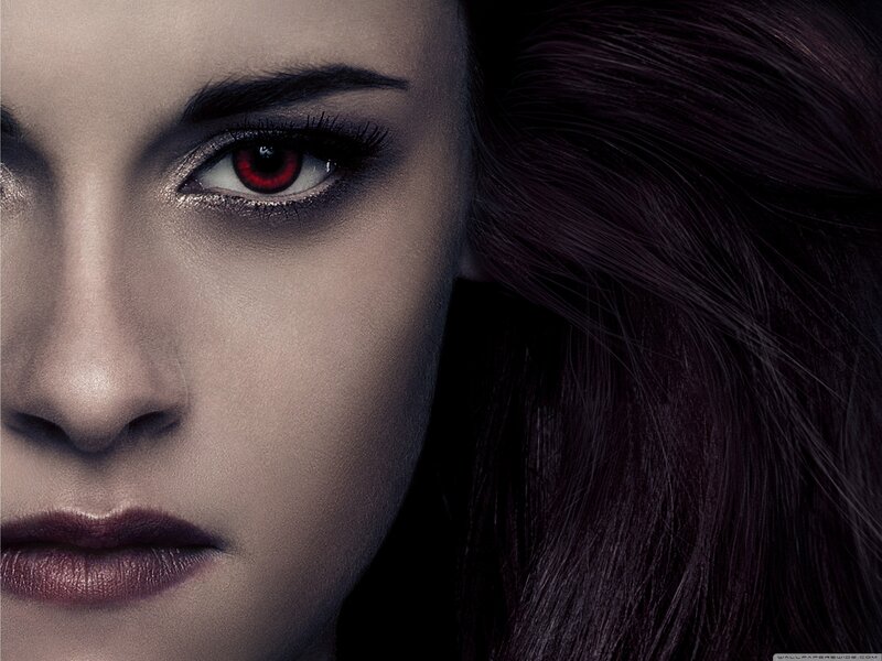 close-up of a woman with red eyes