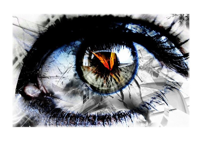 Close-up of an Eye — Black, Dramatic, Digital Art, Text, Orange Shape