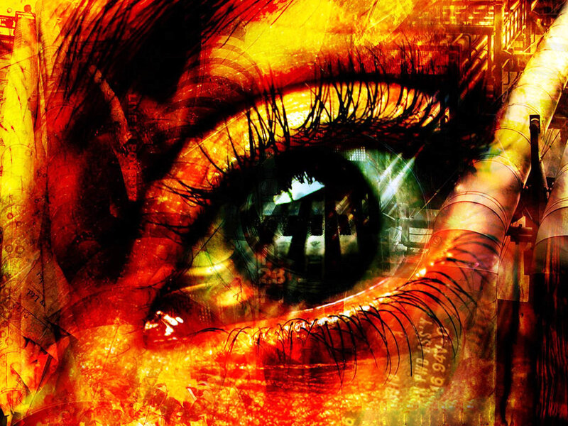 Close-up of an Eye — Red, Dramatic, Digital Art, Industrial Structures