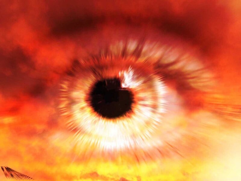 Close-up of an Eye — Red, Dramatic, Digital Art, Iris, Pupil, Eyelashes, Orange