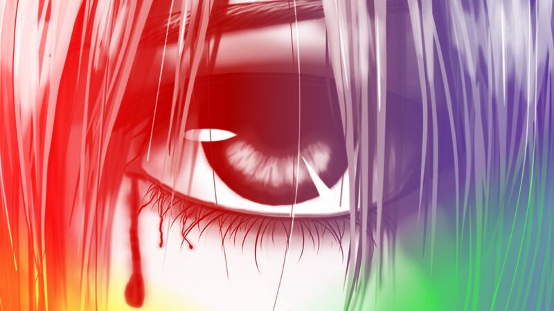 Close-up of an Eye — Red, Dramatic, Digital Art, Tear, Hair