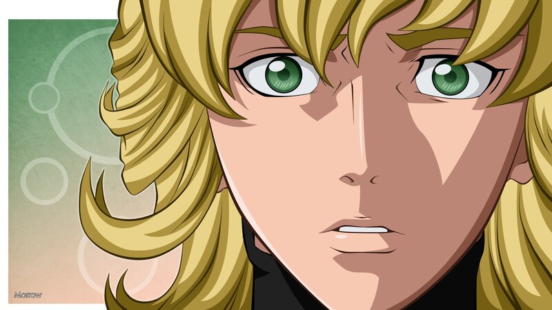 Close-up of Anime Character — Yellow, Serious, Green Eyes