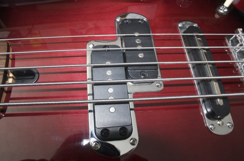 close-up of bass guitar pickups