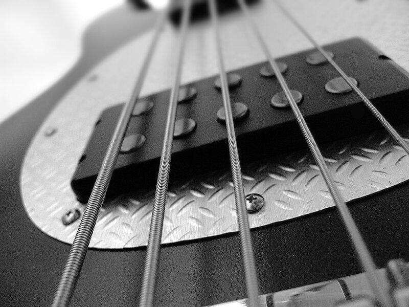 close-up of bass guitar strings