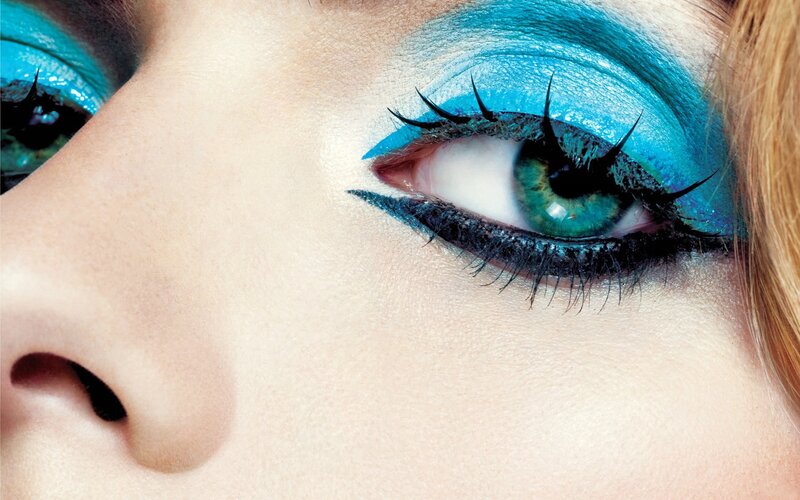 close-up of blue eye makeup
