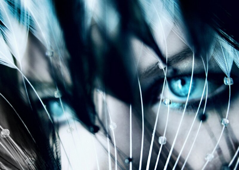 Close-up of Blue Eyes — Dramatic, Digital Art, Feathers