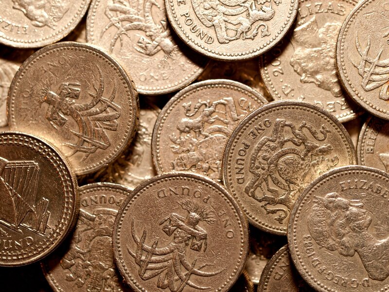 Close-up of British pound coins