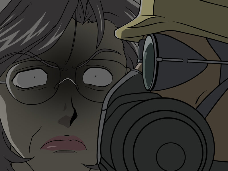 close-up of character with gas mask