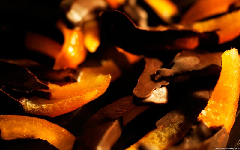 Close-up of chocolate and orange peel