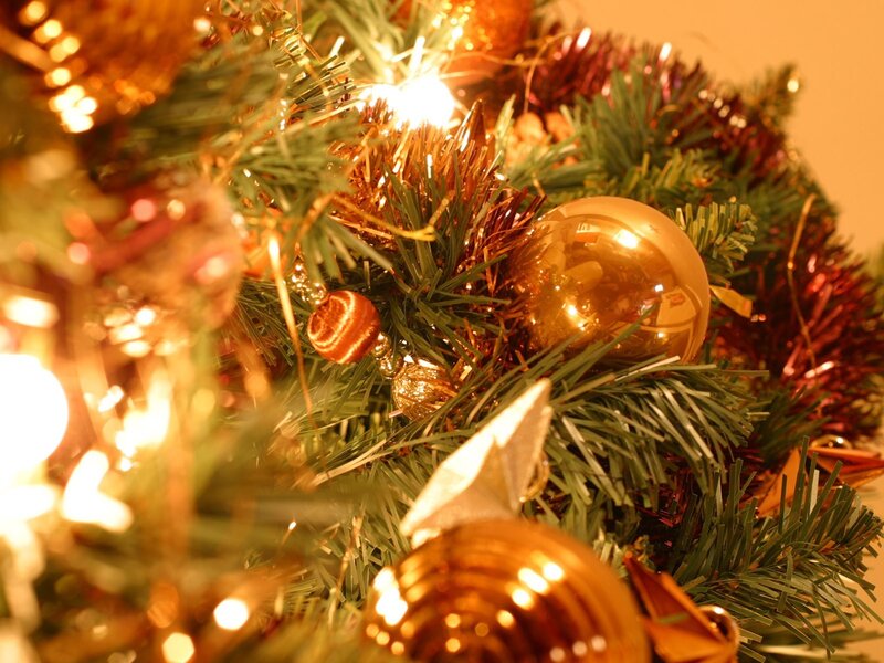 Close-up of Christmas tree ornaments