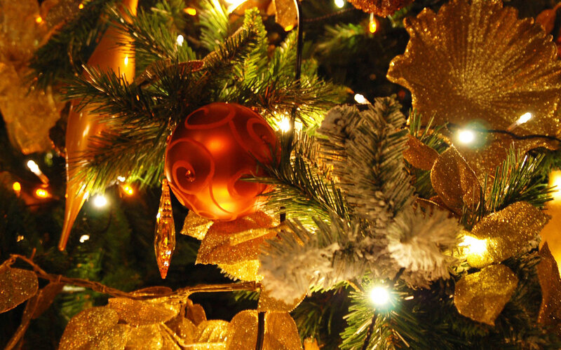 close-up of christmas tree ornaments
